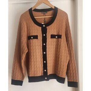 NWT Adrianna Papell‎  2X Cardigan Sweater Camel Black Cable Knit Pearl
